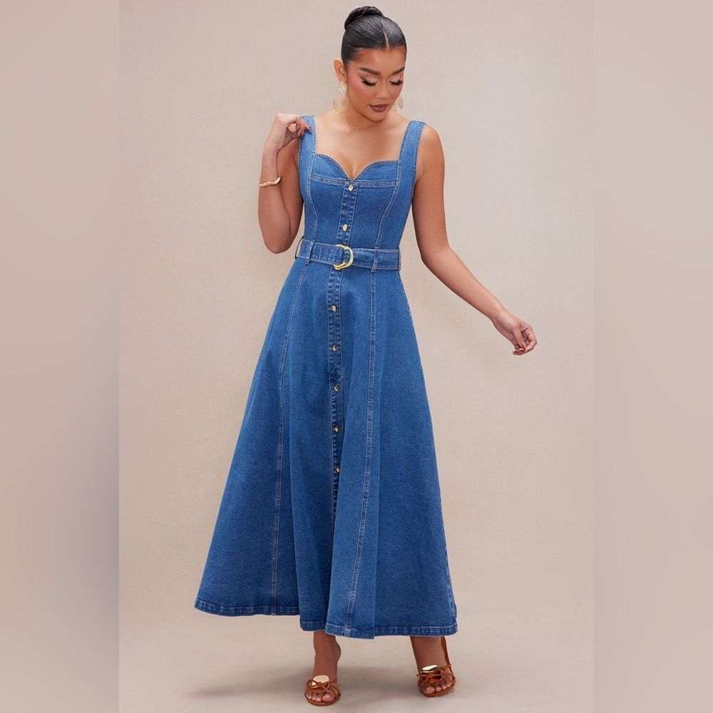 NWT FashionNova Luxe Gabrielle Denim Maxi Dress - Medium Wash - Picture 2 of 9